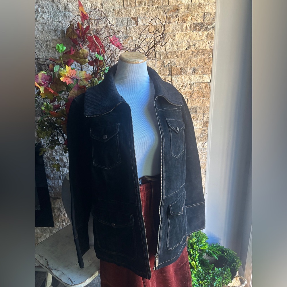 Bernardo Charcoal Suede Jacket with ribbed knit sleeves and collar